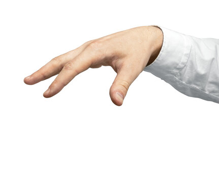 Closeup of a human hand with fingers extended, wearing a white shirt. Isolated on a plain white background. Concept of gesture or reaching out