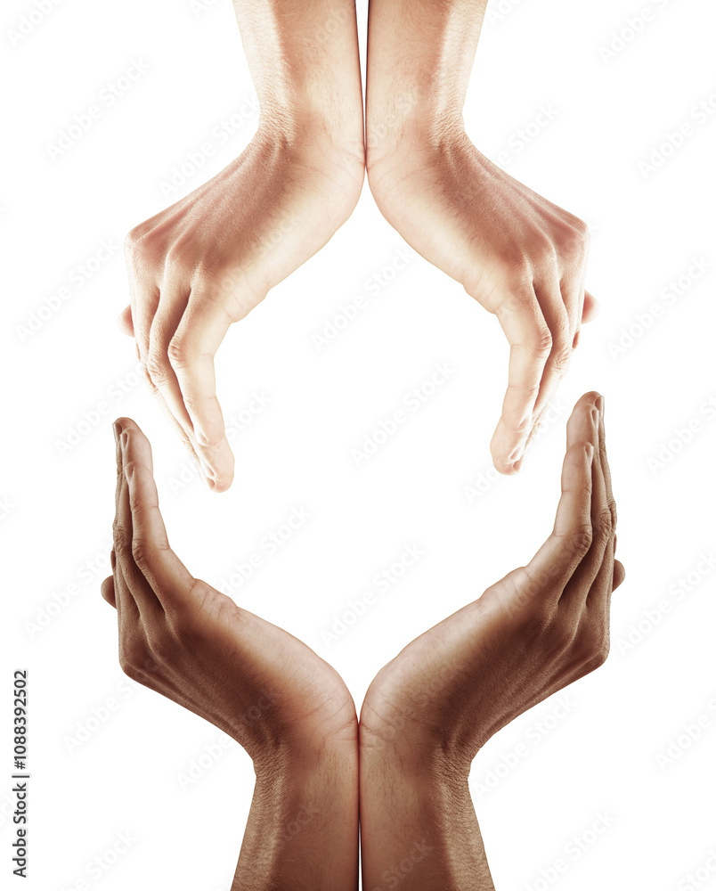 Poster two pairs of hands with palms facing each other in a circular shape. the hands are isolated on a whi