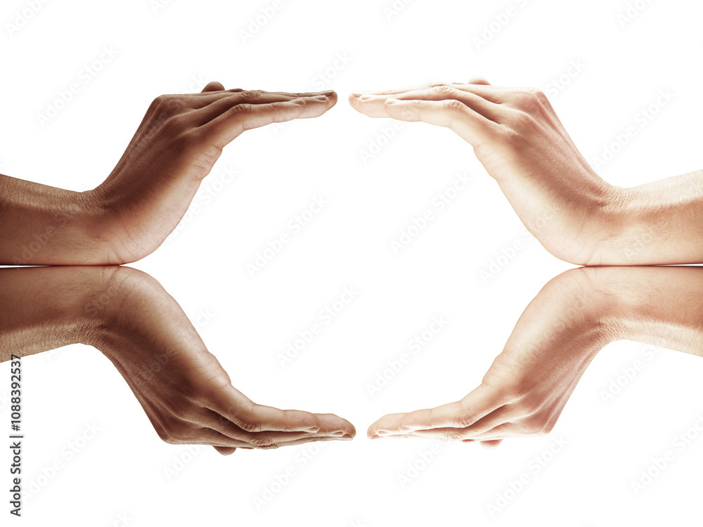Aufkleber two human hands facing each other with palms slightly curved inward, mirrored reflection on white ba