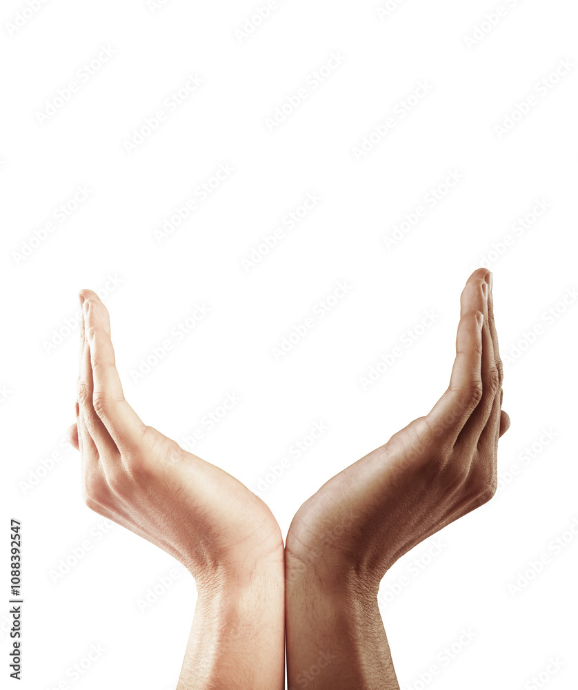 Poster two hands forming a cup shape, held symmetrically with palms facing upward. isolated on a white back