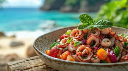 Octopus Salad on a Beach in the Caribbean.