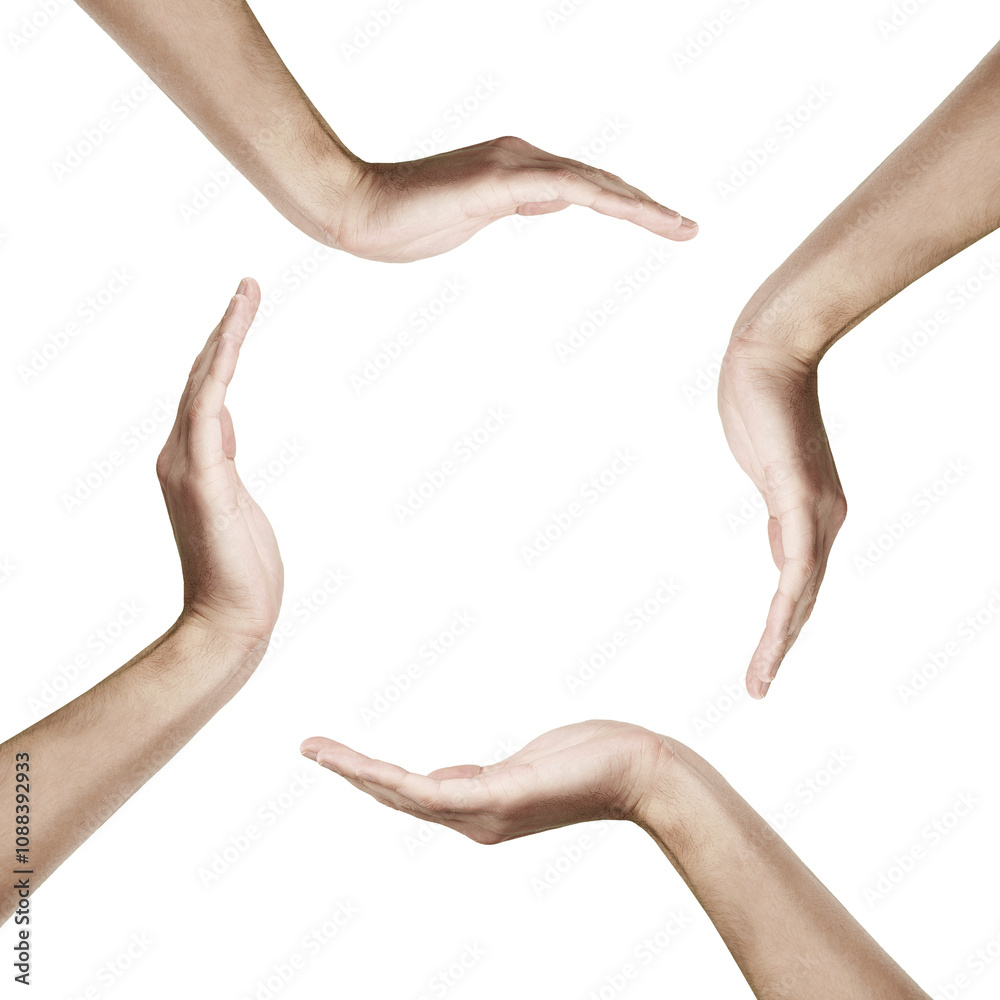 Fototapete four human hands forming a circular shape, isolated on a clean white background. minimalist design w