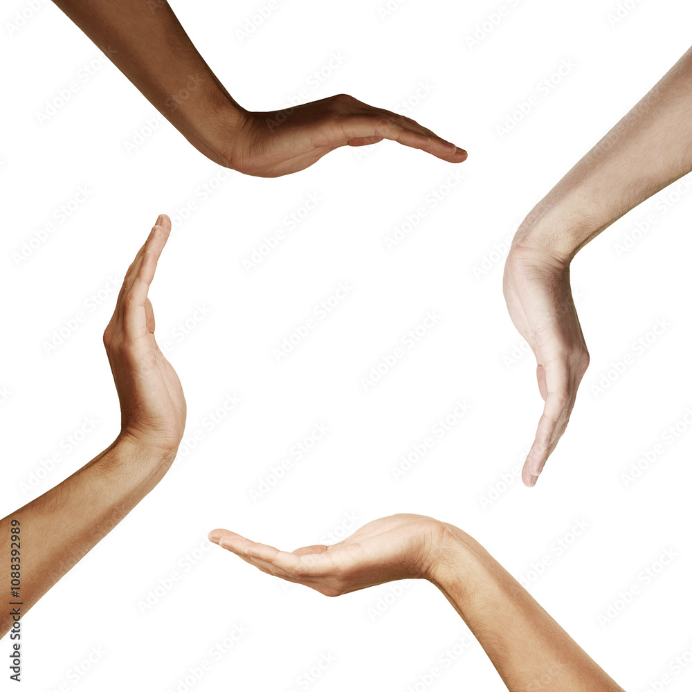 Poster Four hands forming a circular shape, isolated on a white background. The hands are positioned to almost touch, creating a concept of unity or teamwork