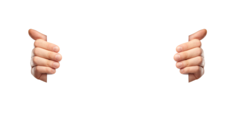 Two hands holding a blank white sign or poster on an isolated white background. Close-up view of a mockup template for design or text layout concepts