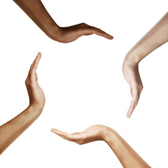 Four hands forming a circular shape, isolated on a white background. The hands are positioned to...