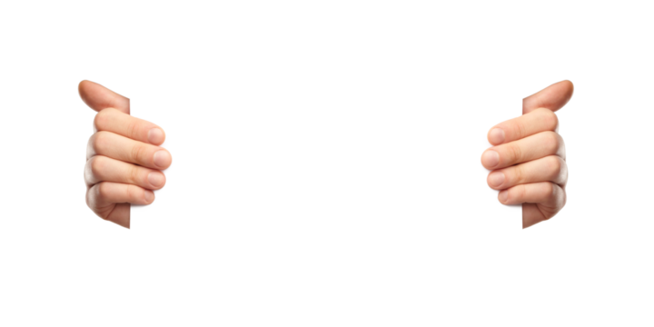 Two hands holding a blank white sign or poster on an isolated white background. Close-up view of a mockup template for design or text layout concepts - Powered by Adobe