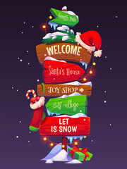Christmas sign board or holiday signage for winter greetings, vector cartoon banner. Wooden signboard or signpost with Santa house direction, gifts sock with candy cane, sign board in Christmas lights © Vector Tradition