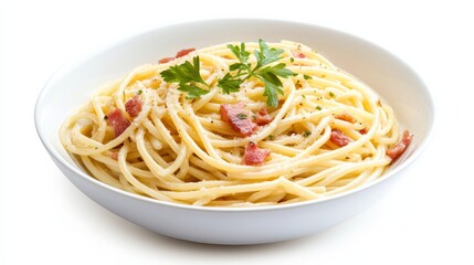 A freshly cooked bowl of spaghetti carbonara with creamy sauce and crispy pancetta, Each ingredient’s vibrant color and subtle imperfections captured with precision