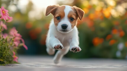 Playful Puppy Running in Garden.