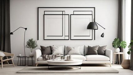 mockup poster frame in living room, Scandinavian style, contemporary monochrome interior background, 3D render, 3D