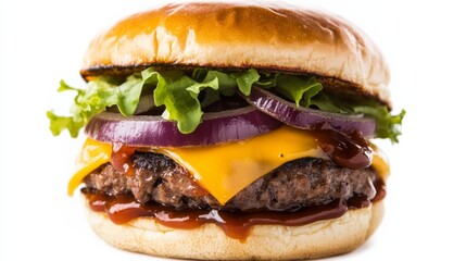 A gourmet bison burger with a juicy bison patty, caramelized onions, sharp cheddar cheese