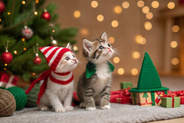 Kittens playing with christmas tree ornaments cutest playful cat 