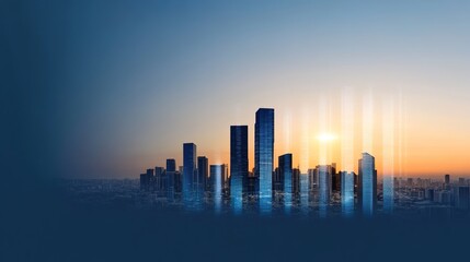 Fototapeta premium Modern City Skyline at Sunrise with Beautiful Reflections and Glass Buildings Creating a Vibrant Urban Atmosphere Against a Soft Blue Sky