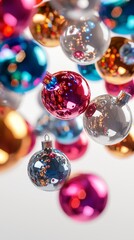 Colorful Christmas ornaments reflecting vivid lights, symbolizing festive holiday celebrations and joyful seasonal spirit.