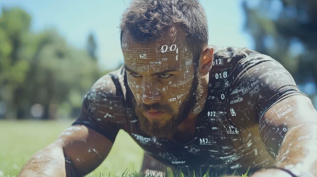 Man with code overlay on face, outdoors.