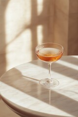 A classy cocktail in a coupe glass sits on a marble table under warm sunlight, creating a relaxing ambiance.