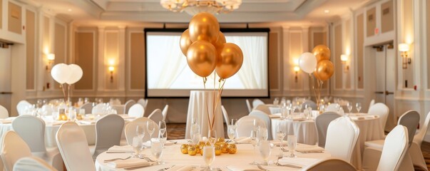 Corporate event celebration with gold balloons luxurious venue stylish decor elegant setting professional atmosphere