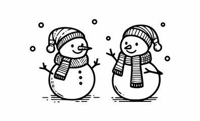 Two snowmen wearing hats and scarves, cartoon illustration
