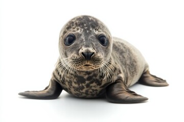 Adorable baby seal pup looking at camera on white background.