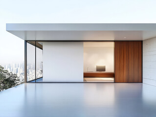 Fototapeta premium Modern minimalist house with panoramic city view during daylight in urban setting