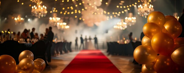Elegant corporate gala with gold balloons luxurious venue event photography stylish ambiance celebratory concept