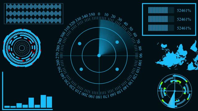 Radar HUD Screen Animation 4K. Motion graphic of colorful sonar radar screen searching an object with line digital technology background, Futuristic animation concept seamless loop video