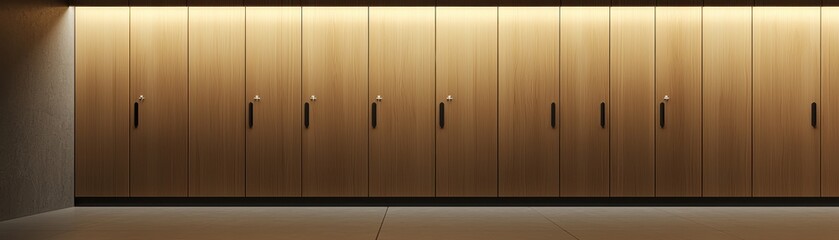 Stylish locker room with smooth wooden locker doors minimalist design with neutral tones and soft, diffused lighting