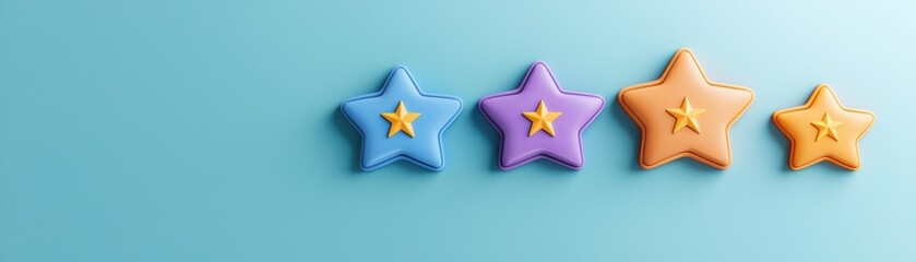 Fototapeta premium Colorful star shapes arranged in a row, against a soft blue background.