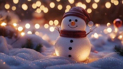 A cute snowman decoration standing in the snow with festive Christmas lights glowing in the...