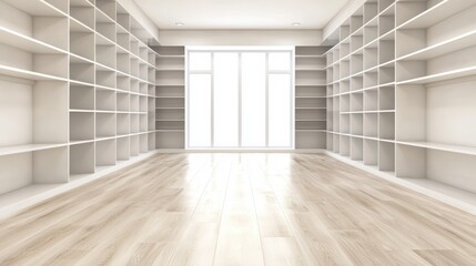 Obraz premium Visualize a modern empty closet interior with smooth white shelves and soft overhead lighting for a clean, minimalist vibe