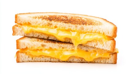 A gourmet grilled cheese sandwich oozing with melted cheddar and gooey mozzarella, Each slice of bread toasted to golden perfection