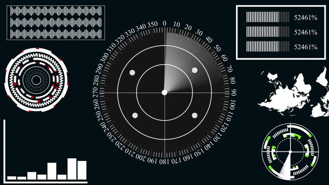 Radar HUD Screen Animation 4K. Motion graphic of colorful sonar radar screen searching an object with line digital technology background, Futuristic animation concept seamless loop video