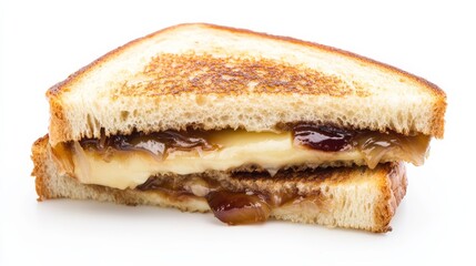 A gourmet grilled cheese sandwich with artisan bread, melted Gruyere cheese, caramelized onions