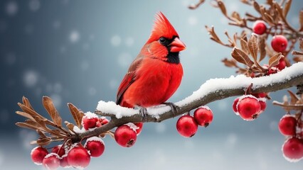 Winter holiday and Christmas web banner with copy space featuring a red cardinal bird perched atop a frozen tree limb with snow
