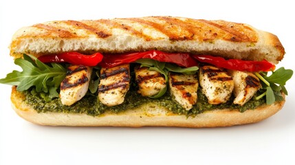 A gourmet grilled chicken sandwich with marinated grilled chicken breast, roasted red peppers, arugula
