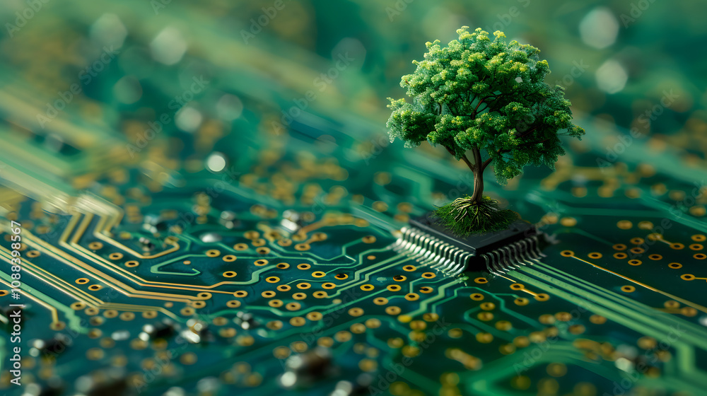 Poster tree growing on the converging point of computer circuit board. green computing, green technology, g