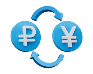 Fototapeta premium 3d White Ruble And Yen Symbol On Rounded Blue Icons With Money Exchange Arrows, 3d illustration 