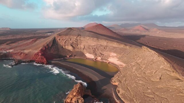 Aerial view of Charco Clicos coastline and volcanic landscape at Lanzarote