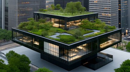 Fototapeta premium modern green building with rooftop garden showcasing lush greenery and innovative design