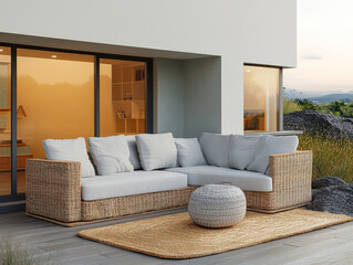Cozy outdoor seating area with sectional sofa and textured rug in modern landscape