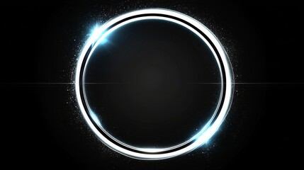 Fototapeta premium Illuminated neon circle with sparkling streak of light, surrounded by glare ring, ray, and highlight on black background.