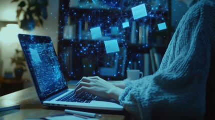 A person working on their laptop, with digital blue glowing lines connecting various file icons and documents floating above the screen