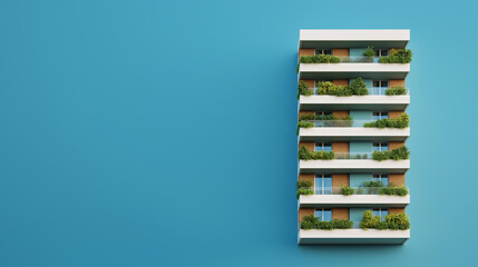 modern green building with balconies and plants against blue background