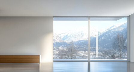 Fototapeta premium Modern interior design featuring large windows and a stunning mountain view in winter