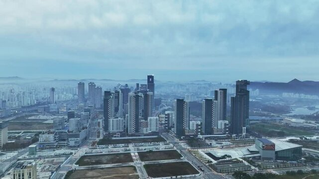 Drone View of Sejong City in South Korea, Park, Autumn, 60fps