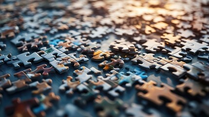 A puzzle being assembled by a team each piece representing a different aspect of their business vision and goals coming together