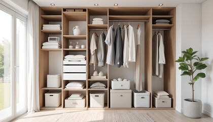 Open wardrobe with neatly arranged clothes and storage boxes