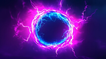 Naklejka premium Electric Thunderbolt in Circle Shape on White Background. 3D Neon Lightning Flashes in Purple, Pink, and Blue Colors.