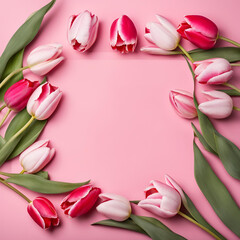 A beautiful arrangement of pink tulips forming a circular frame on a pastel pink background, perfect for romantic and spring-inspired designs.