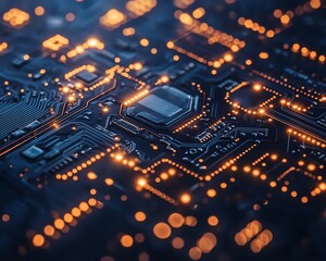 Obraz premium Abstract techinspired blue circuit board with glowing lights, digital bokeh effect, dark background, intricate tech design, closeup shot, futuristic vibe